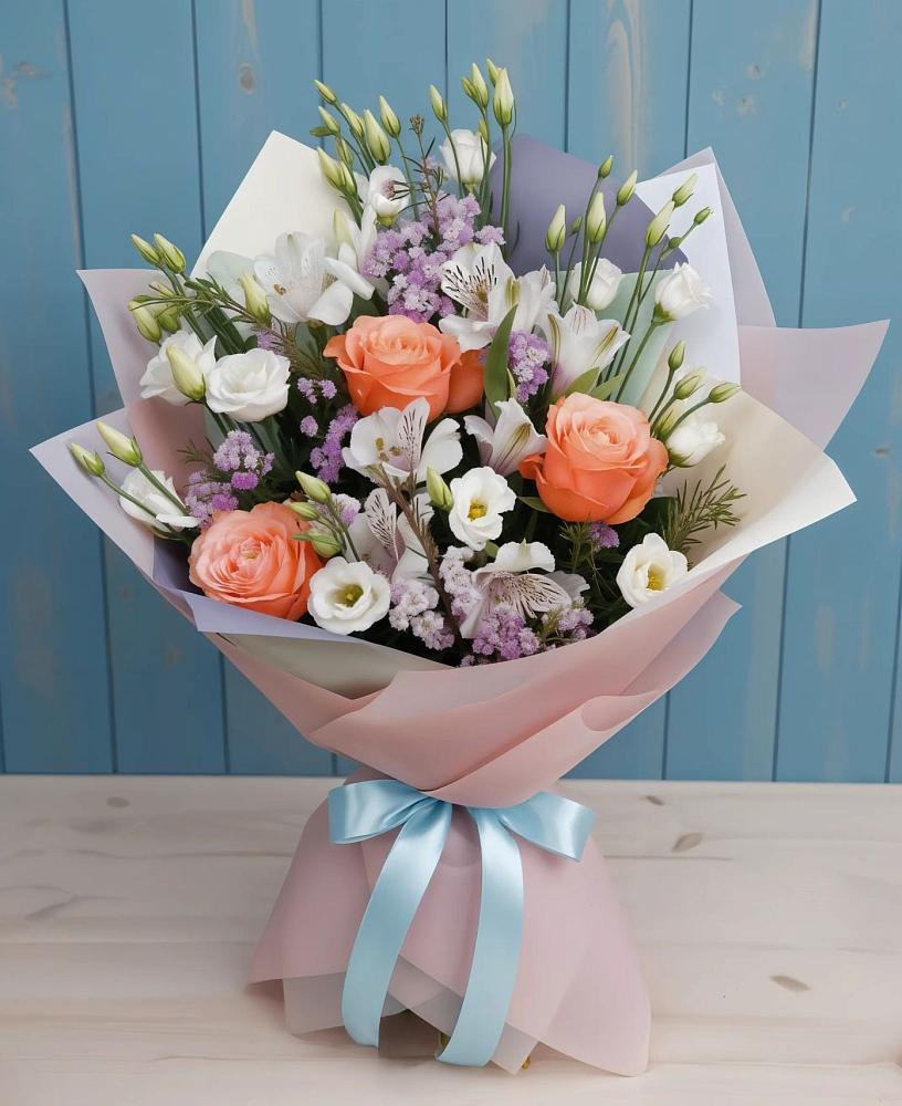 Букет цветов из: Лизиантусы, Розы, Альстромерии и Гипсофила в Турки